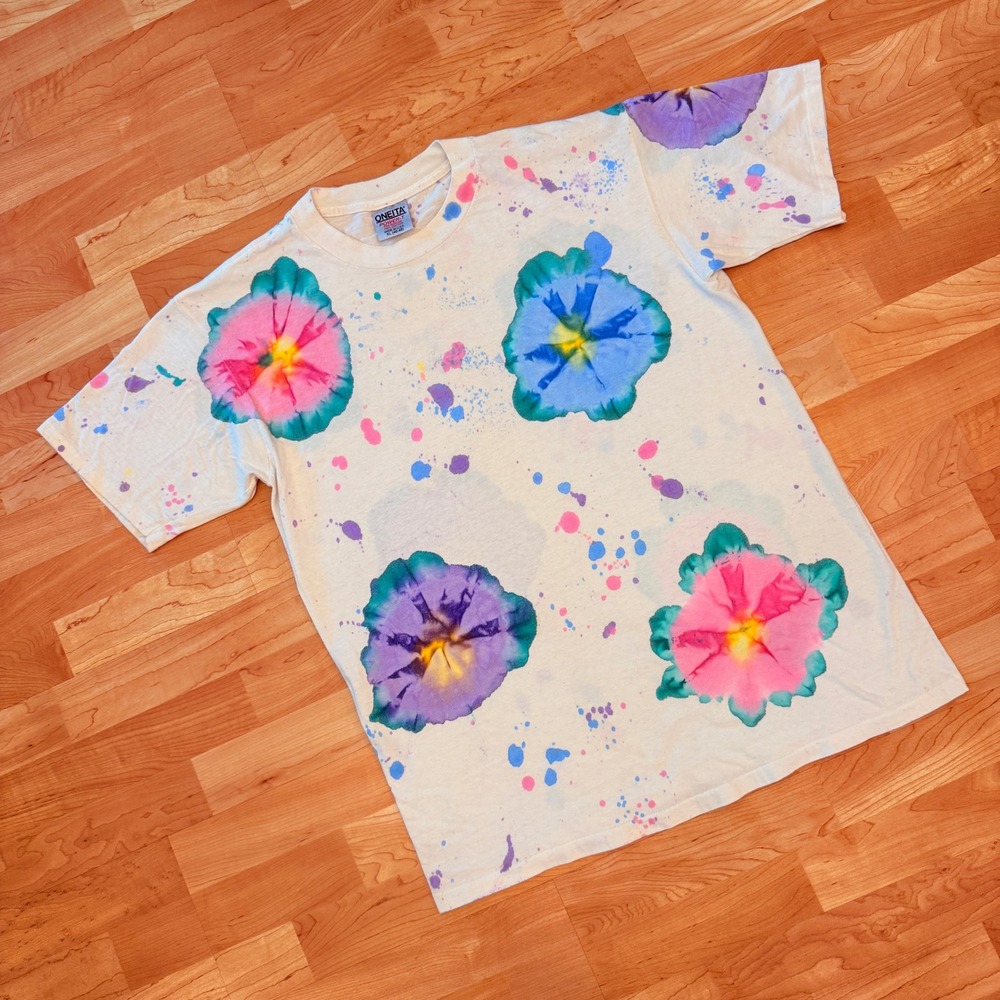 Vintage Oneita Power-T Tie Dye Floral Splatter Shirt XL Single Stitch USA Made